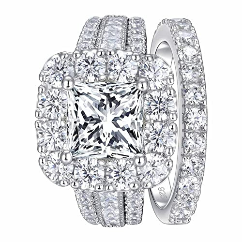 SHELOVES 925 Sterling Silver Bridal Ring Sets for Women Princess Cubic Zirconia Engagement Wedding Rings Set Fake Diamond Sz L 1/2