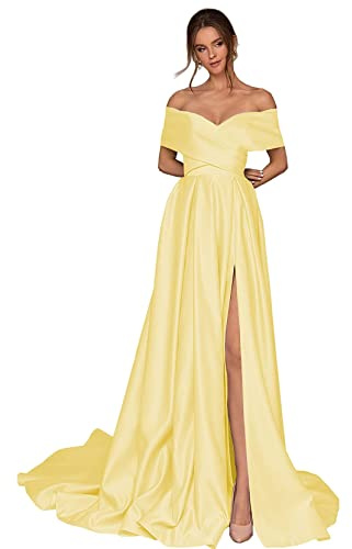 Generico Abiti da Ballo da Donna con Spalle Scoperte Abito Lungo da Damigella d'Onore in Raso Abito da Sera Formale con Spacco Alto con Tasche Yellow XL
