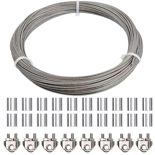 50m Stainless Steel Wire Cable 7x7 3mm with 8 Rope Clips, 20 Aluminum Sleeve, PVC Coated Garden Wire for Climbing Plants, Hanging for Clothes Line Curtains, 167kg Load (Silver-3mm)