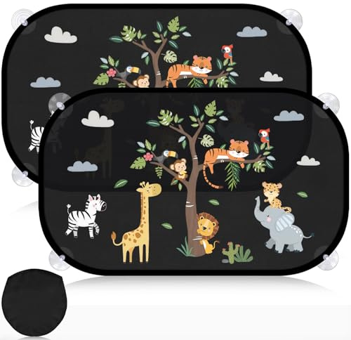 Mngevcy 2er Set Sonnenschutz Auto Baby mit UV Schutz, 51x31 cm Autofenster Sonnenblende für Kinder mit 8 Saugnäpfen&Süßen Tier Motiven (Forest Animals)