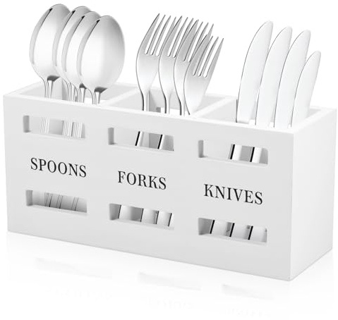 PandaHug Wood Cutlery Holder Caddy Organizer Wooden Utensils Organizer with 3 Compartments Large Capacity Kitchen Utensil Holder Multipurpose Flatware Caddy for Forks Spoons Cutters(White)