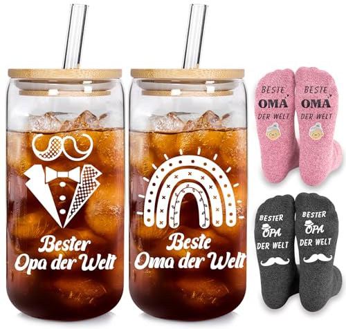 Mason Life 500ml Gläser mit Deckel und Strohhalm, Geschenk für Beste Opa & Oma Kaffeetasse Geschenkset mit Socke, Eiskaffee Gläser Oma und Opa Geburtstag Hochzeit Jahrestag