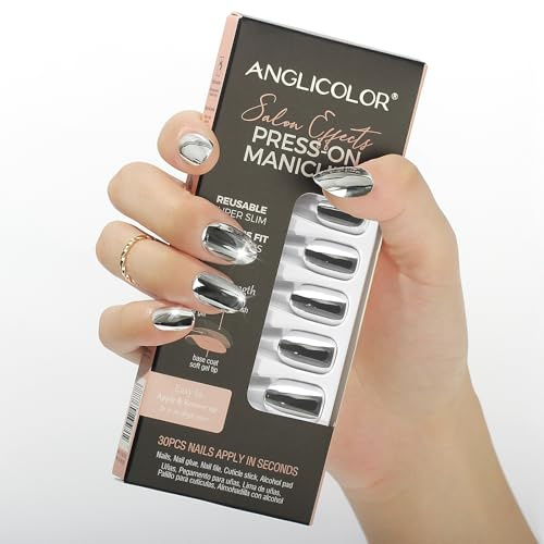 Anglicolor Press On Nails,Press-On-Nägel mit French Tip, Press-On-Nägel kurz, kurze Mandelnägel, 30 Stück weiche Gel-Kunstnägel in 15 Größen (A104, 30 Stück)