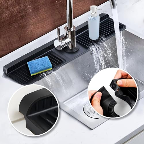 24inch Kitchen Sink Splash Guard with Snap Button,Upgraded Silicone Faucet Mat for Kitchen Sink Handle Drip Catcher Tray Mat Splash Guard Protectors (Black)