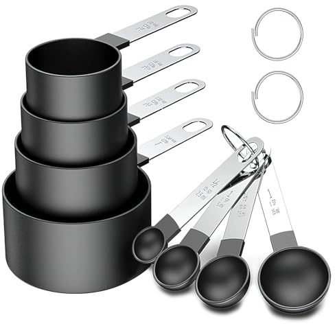 Measuring Cups and Spoons Set, 8-Piece Measuring Cups for Baking with Stainless Steel Handle, 4 Teaspoon and 4 Tablespoon Nesting Measure Cups for Dry and Liquid Ingredients(8-Black)