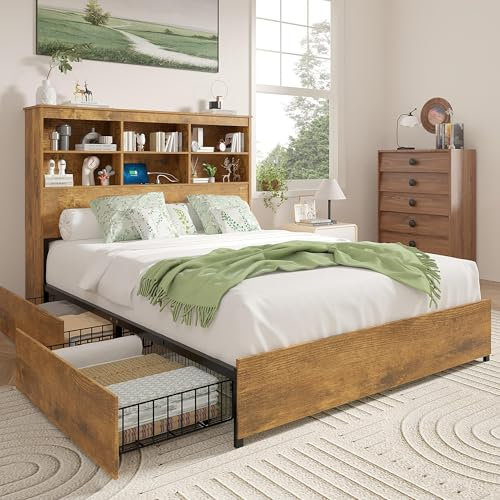 VECELO Double Bed Frame with Storage, 4FT6 Heavy-Duty Platform Bed with Charging Station, Bookcase Headboard and 4 Wood Drawers, Steel Slat Support, Industrial Style