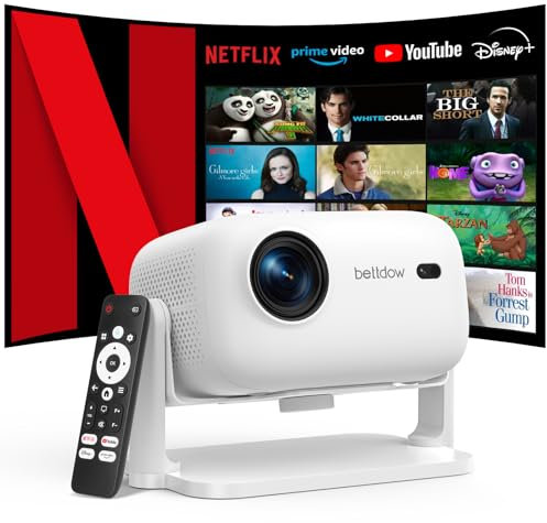Bettdow Videoprojecteur 4K [Netflix Certifié], 1080P Projecteur Fermé, Autofocus/Correction Trapézoïdale,Vidéoprojecteur avec WiFi6 et Bluetooth 5.2, Projecteur HDR 10/10+ pour Home Cinéma, Blanc