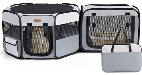 Expandable Foldable Cat Pen – Soft Breathable Portable Mesh Cat Cage Indoor Outdoor Playpen with Dog Puppy Playpen & Carry Bag