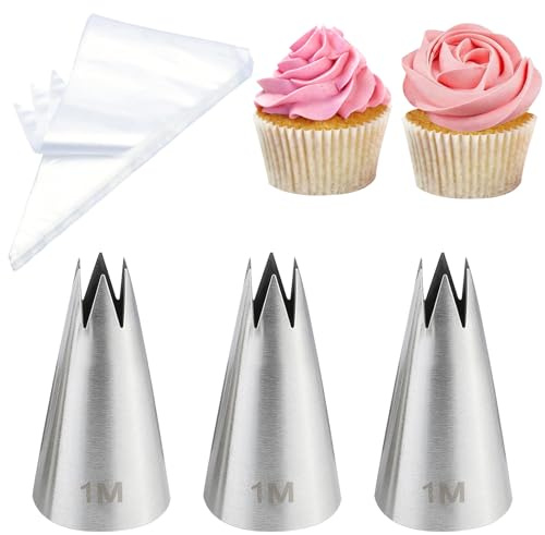 FATUXZ 3 Pieces Large 1M Piping Tips, Piping Bags and Tips Set with 20 Disposable Piping Bags for Cake Decorating, Stainless Steel Open Star Piping Tips with Pastry Bags for Cupcakes Icing Frosting