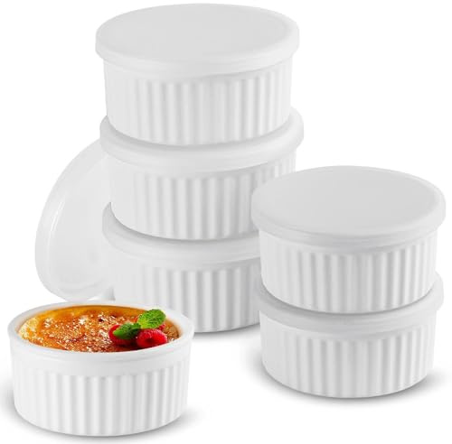 Koluti 6-Pack Nonstick Silicone 4oz Ramekins with Lids, Oven Safe Creme Brulee Baking Small Bowls, Souffle Ice Cream Pudding Dessert Dipping Sauce Cups, BPA Free, Microwave & Freezer & Dishwasher Safe