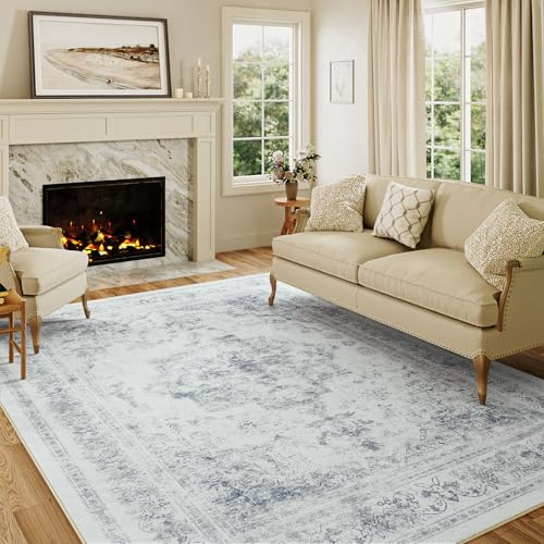 HUGEAR Vintage Vardagsrum Matta Stor Blå Mattor 150x210cm Tvättbar Halkfri Golvmatta Sovrum Matsal Kontor Utomhus Barnrum Balkong Carpet Rug Mjuk Kort Lugg