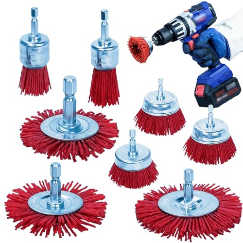 Qivine 8 Stück Nylonbürste Set, Schleifaufsatz für Bohrmaschine mit 1/4” (6,35 mm) Schaft, 75/65/50/30/20mm Nylon-Topfbürste Bohrbürsten zum Schleifen, Strukturieren, Reinigen und Entrosten