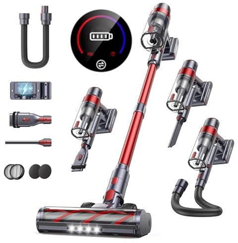 SunSare Cordless Vacuum Cleaner, 50KPa/600W, 65 Mins with Touchscreen, AUTO Mode, 1M Hose, Anti-Tangle, Self-standing, Wall-mounted Charging Vacuum Cleaner for Hardwood Floor Carpet Car Pet Hair