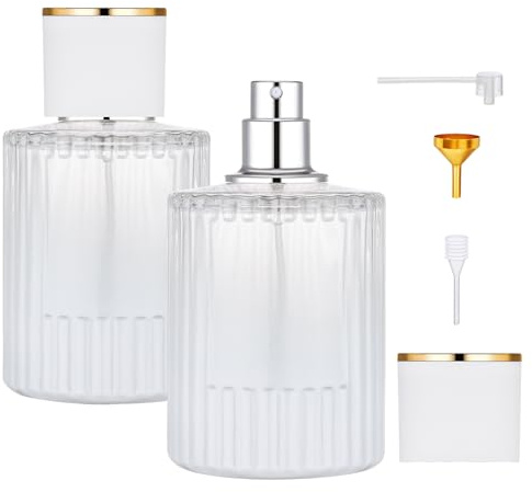 Segus Atomizadores de perfume recargables, 2 botellas de viaje para después del afeitado de 50 ml, decantador de perfume de vidrio, vacío y portátil, esencial para bolso (blanco degradado)