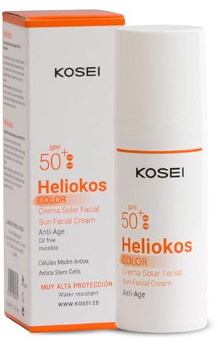 KOSEI | HELIOKOS Crema Protector solar facial 50 con Color | Protección UVA/UVB y Células Madre de Uva | Crema Solar Cara con Color | Contiene Vitamina E | Previene de las Quemaduras y Enrojecimiento
