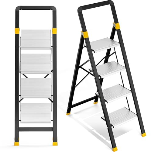 KINGRACK Trittleiter 4 Stufen Klappbar Aluminium, Klappleiter mit Handlauf, Haushaltsleiter Anti-Rutsch-Stabilem und Breitem Peda, Leiter bis 150kg Belastbar für Haushalt, Küche, Büro | Leicht, stabil, tragbar, platzsparend, breite rutschfeste Aluminium-Pedale, Komfort-Handlauf, 150 kg Tragkraft