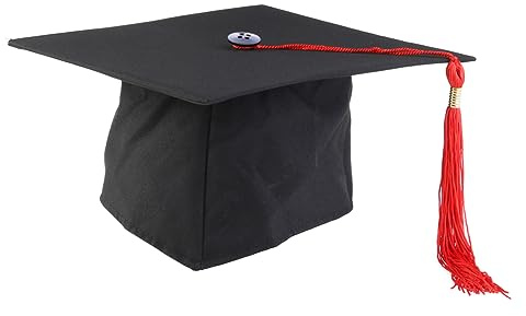 Warmhm Black Graduation Cap for Adults Adjustable Mortarboard Hat Red Tassel Polyester 24cm Board Size Fancy Dress Accessory Suitable for School University and Disco Events