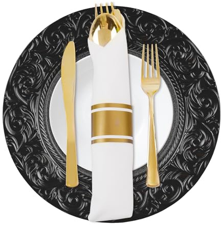 ROGONPDK Pack of 24 Hard Plastic Charger Plates | Western-Style Dessert Plate Set with Embossed Rim | Reusable Breakfast and Dessert Plate Sets | 33Cm Round Charger for Dinner-Plate (Black)