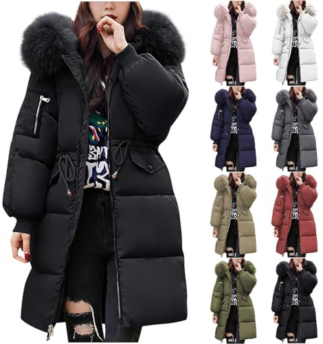 Angxiwan Winter Jackets for Women UK Warm Mid Lenght Winter Puffer Coats Lightweight Waterproof Jackets With Faux Fur Hood Plus Size Trench Coat Long Sleeve Warm Padded Quilted Outwear Hiking Parka