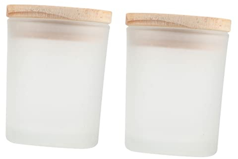 WEKAMOS Pot Votif en Verre Blanc 2pcs pour Fête Halloween, Bougie DIY | Bocal de Rangement Soi-même, Usage Bureau et Maison, Design Simple, Bois Inclus