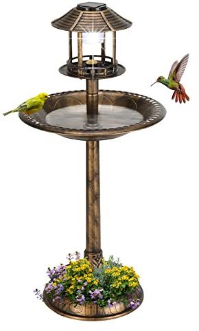 LEADZM Vogeltränke Stehend, Vogeltränke aus Starkes PP-Material, Vogelbad | mit Solarleuchte, Blumenkübel & befüllbarem Ständer, Futterstation für Draußen Garten und Terrasse, 51 x 51 x 106 cm, Bronze