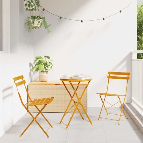 QJBSAVVA Klappbares Bistro Set 3-TLG Senfgelb Stahl Gartenmöbel Balkon Tisch 2 Stühle platzsparend Modernes Design Robust für Garten Terrasse Balkon