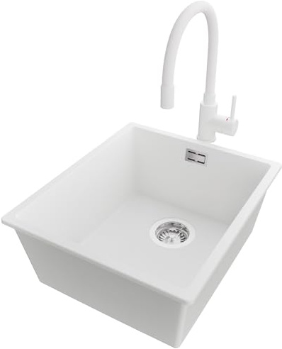PRIMAGRAN Fregadero bajo Encimera al Mueble 45cm + Grifo, 41x47cm | Set: Grifo BW6020 + Kit de desagüe (sifón, válvula, rebosadero) + London 1 Seno Granito, Blanco