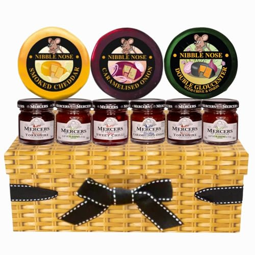 Cheese Hampers Gift Set - 3x Cheeses Truckle Selection, 6x Chutney and Card in a Wicker Box - Cheeseboard Gift Set, Fathers Day Hampers for Men, Cheese Selection Box, Food Gifts for Men & Women
