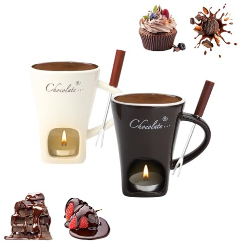 2 tazze per fonduta di cioccolato in ceramica, 130 ml, con portacandela e forchette, fonduta di cioccolato, fonduta di cioccolato, fonduta di cioccolato, per cioccolato, formaggio, burro