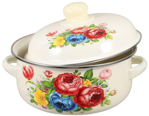 SOIMISS Enamel Stockpot Soup Serving Pot with Lid 1.7L Vintage Design Double Handles Coated Cooking Pot Suitable for Boiling Stewing and Home Kitchen Use