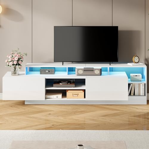Mueble De TV Con Tablero De Partículas, Lowboard Con Almacenaje Abierto Y Iluminación LED, Soporte Para Televisor Hasta 70 Pulgadas, Mueble Para Salón Y Dormitorio, Blanco, 190 x 40 x 48.5 cm