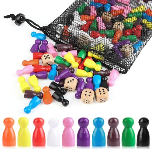 100 personaggi da gioco in legno (25 x 12 mm), 10 colori, 8 dadi e sacchetti portaoggetti, mattoncini colorati per giochi da tavolo, scacchi di volo, signore, set di personaggi per famiglia e