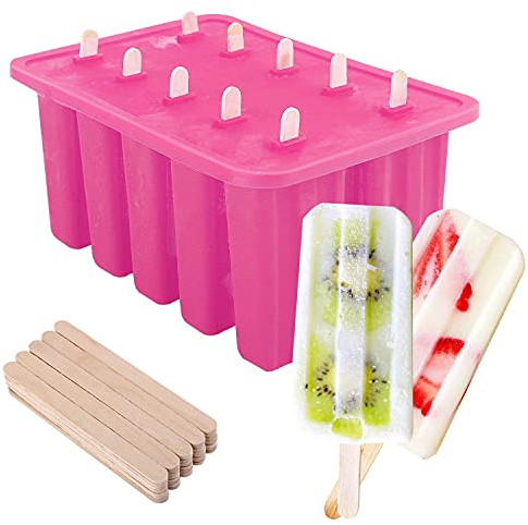 Nuovoware Molde de Helado Rectangular con 10 Unidades y 100 Palos de Paletas, 29 x 16 x 12 cm Bandeja de Hielo Silicona Grado Alimenticio Reutilizable Gran Capacidad Fácil de Desmoldar - Rosa