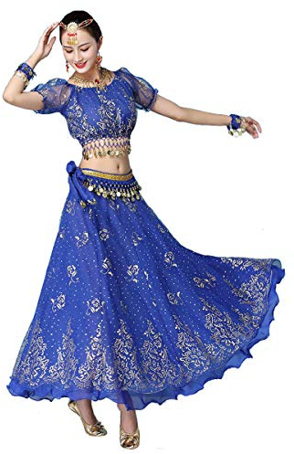 Grouptap Bollywood blue indian womens ladies fancy anarkali salwar kameez dress arabian princess belly dance skirt outfits costume (Blue, 150-170 cm, 45-70 kg)