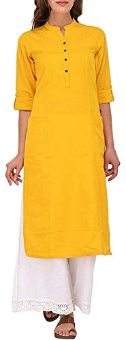 Ladyline Túnica lisa de algodón puro para mujer, mangas 3/4, cuello con botón enrollable, con bolsillo, Kurti Kurta, Mostaza, XS