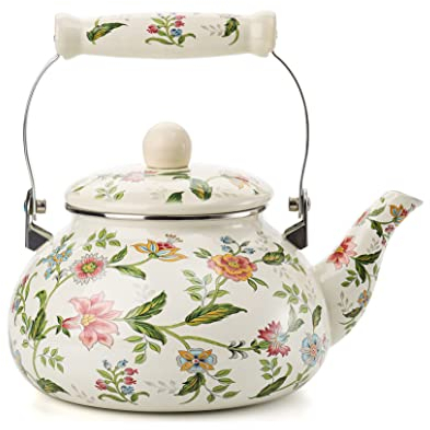 Bouilloire Émaillée pour Induction 2.4 L - Bouilloire Vintage en Émail avec Poignée en Céramique - Compatible avec Cuisinière à Induction, Gaz et Poêle à Bois