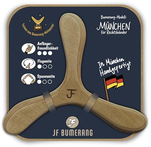 Bumerang München | Handgefertigt in DE | Anfänger & Kinder ab 8 J. | Vom Boomerang Weltmeister entwickelt | Spezialholz (8 Schichten) | Vater-Sohn Manufaktur | Sportgerät