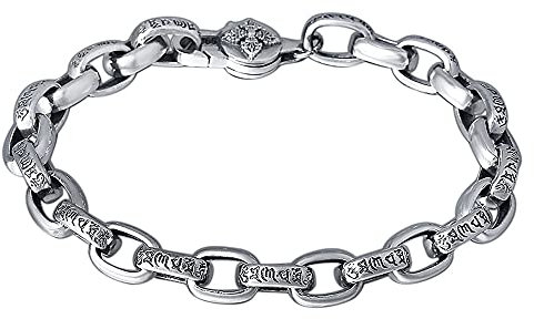 ForFox Pulsera budista tibetana con mantra om mani padme hum de plata de ley 925 pulsera de cadena de eslabones para hombre mujer 8mm 18cm