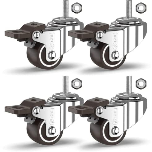 GBL Heavy Duty Swivel Casters with 4 Brakes + Bolts - 25mm M8 x 20mm Up to 40kg - Pack of 4 No Floor Marks Silent Caster for Furniture - Small Rubberized Trolley Wheels - Silver Casters