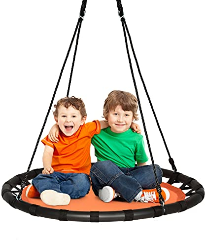 Maxmass Kids Hanging Tree Swing, 100cm Nest Swing Seat with Height Adjustable Ropes, Flying Round Saucer Swing for Outdoor Backyard Garden, 150kg Capacity (Orange Swing without Frame)