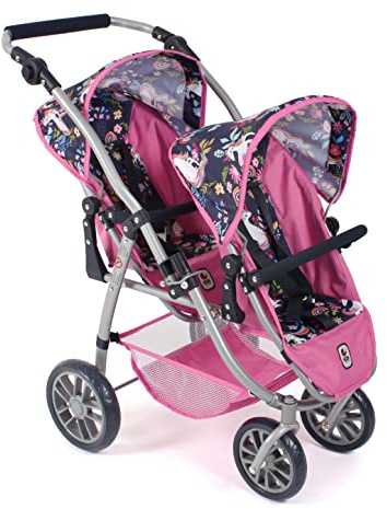 Bayer Chic 2000 Vario Doll's Pram, Twin Buggy for Two Dolls, Tandem Doll's Pram for Children from 4 to 8 Years, Unicorn, Navy Pink, 689-43