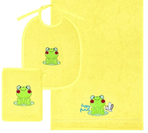 Lashuma Mädchen und Jungen 3er Geschenk Set gelb, je 1x Lätzchen - Waschlappen - Handtuch, Stick: Frosch