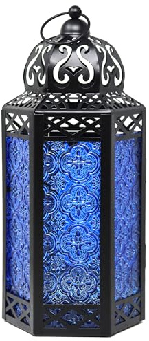 Dekorative marokkanische Laterne aus schwarzem Metall mit Kerzenhalter – Innen-/Außenbereich, Heimdekoration, Terrasse, Hochzeiten, Weihnachten, groß, Cobalt