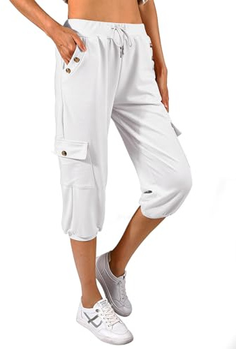 TOMEEK Pantalones Pirata para Mujer de Verano Pantalones Mujer 3/4 Sueltos con Cuatro Bolsillos Deportivos Pantalone de Chándal de Yoga Jogger Fitness, Blanco, Talla M