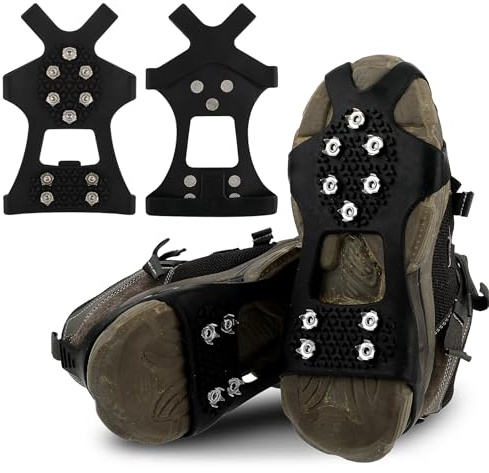 Crampons Ice Cleats for Shoes and Boots, Traction Cleats Ice Snow Grips with 10 Stainless Steel Spikes, Winter Outdoor Anti-Slip Crampon for Walking, Fishing, Climbing and Hiking(S)