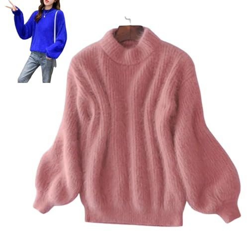 Nearflying Maglione caldo allentato di misto cashmere d'angora di inverno della signora, maglione soffice del pullover del maglione del maglione del girocollo di colore solido, rosa, Taglia unica