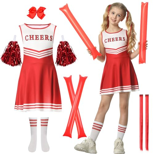 JONRRYIN Disfraz Cheerleader Niña, Disfraz Animadora Niña, Traje Animadora Niña con Pompones Animadora y Calcetines, Disfraz de Carnaval o Evento Deportivo para Niños 7-12 Años (Rojo, 130CM)