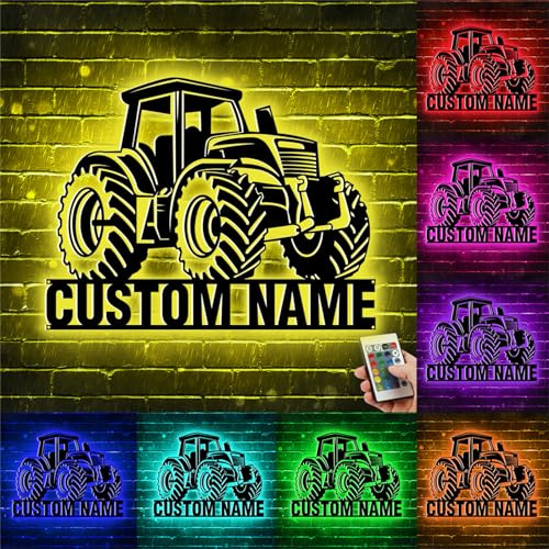 Collienght Personalisiertes Traktor-Metall-Wandschild mit LED-Lichtern, Bauernhof-Traktor, Wandkunst, Dekoration, Schlafzimmer, Kinderzimmer, Dekoration für Jungen, Mädchen, Sohn, Tochter, Männer und