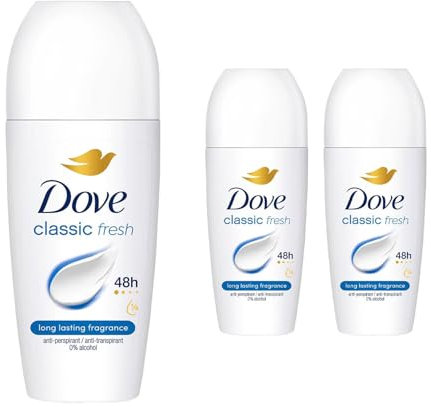 Dove Roll On Classic Antiperspirant up to 48H of Sweat and Odour Protection with Long Lasting Fresh and Clean Fragrance Travel Size Deodorant For Women, 50ml Pack of 3