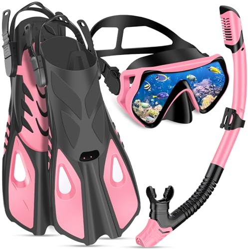 IEEILULU Schnorchelset Erwachsene mit Flossen, Schnorchelmaske Set mit Antibeschlag Taucherbrille,180° Panorama Glaslinse, Verstellbaren Flossen & Tragetasche für Schnorcheln Tauchen (Pink-S/M)